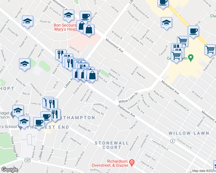 map of restaurants, bars, coffee shops, grocery stores, and more near 5320 Snowden Lane in Richmond