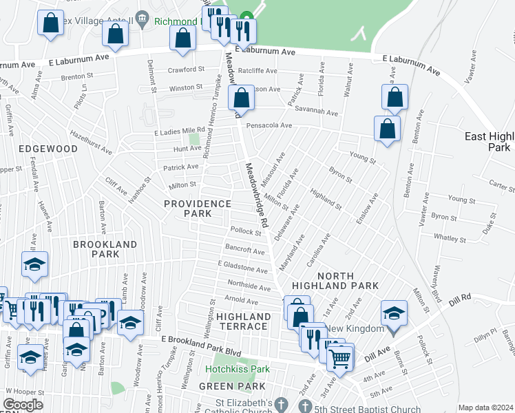 map of restaurants, bars, coffee shops, grocery stores, and more near 3320 Meadowbridge Road in Richmond