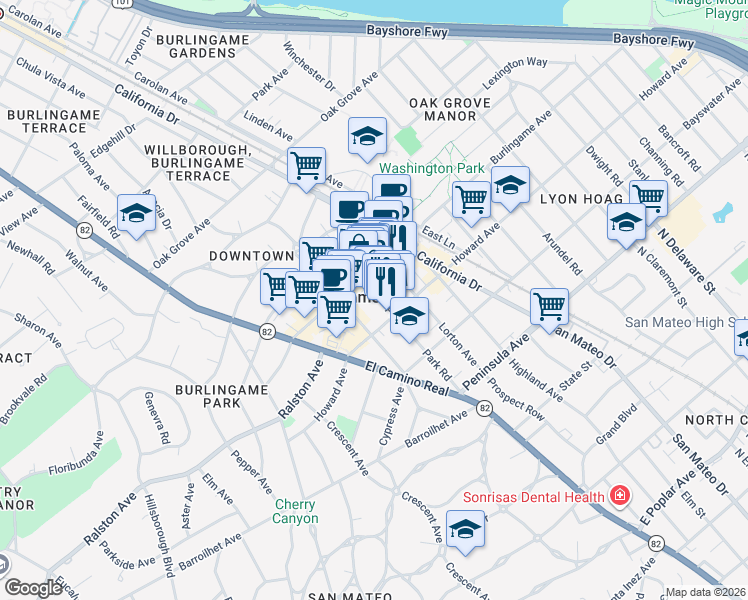 map of restaurants, bars, coffee shops, grocery stores, and more near 220 Park Road in Burlingame