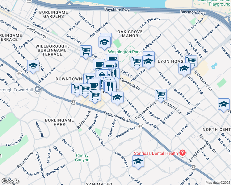 map of restaurants, bars, coffee shops, grocery stores, and more near 1220 Howard Avenue in Burlingame