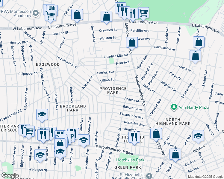 map of restaurants, bars, coffee shops, grocery stores, and more near 3318 Richmond Henrico Turnpike in Richmond