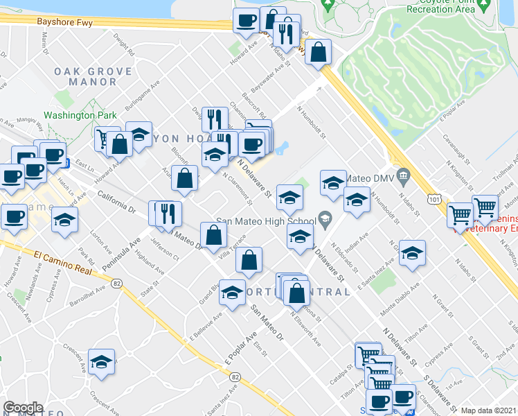 map of restaurants, bars, coffee shops, grocery stores, and more near 655 North Delaware Street in San Mateo