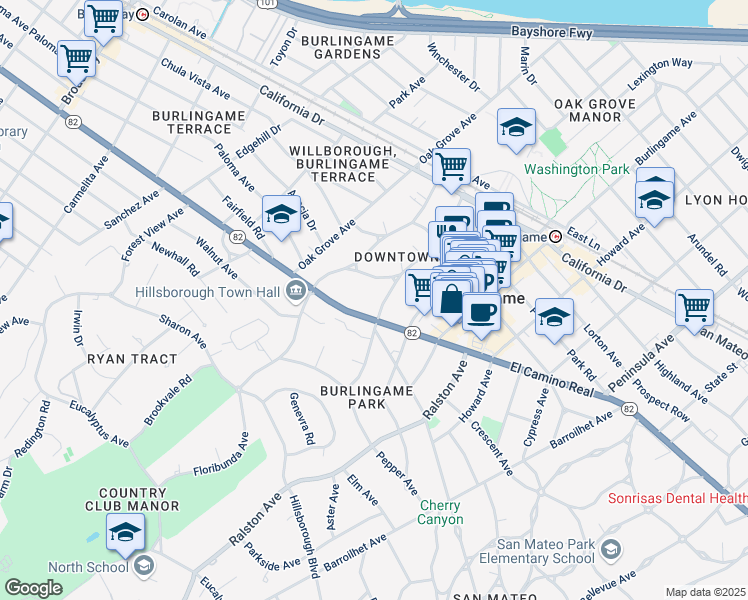 map of restaurants, bars, coffee shops, grocery stores, and more near 524 El Camino Real in Burlingame