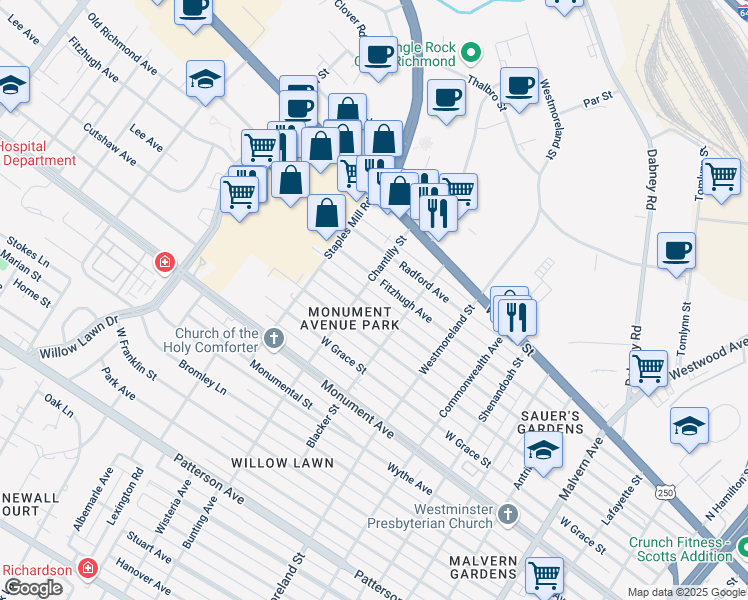 map of restaurants, bars, coffee shops, grocery stores, and more near 4711 Fitzhugh Avenue in Richmond