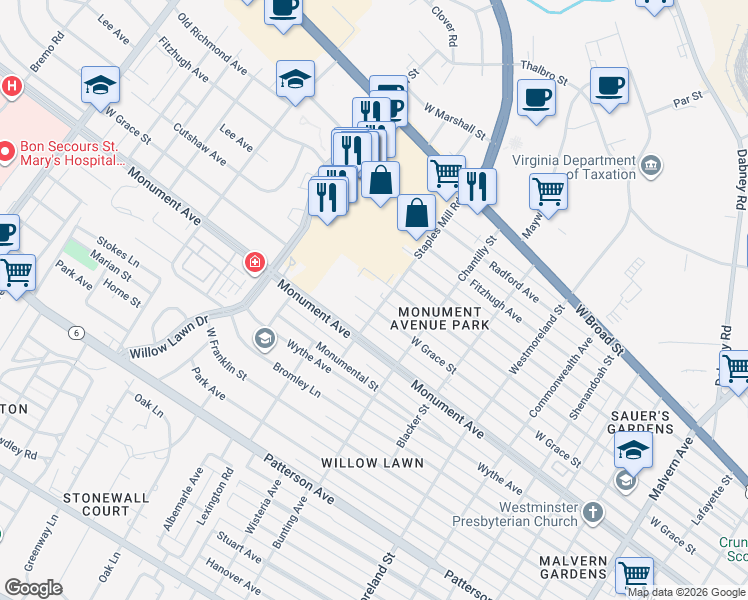 map of restaurants, bars, coffee shops, grocery stores, and more near 4904 West Grace Street in Richmond