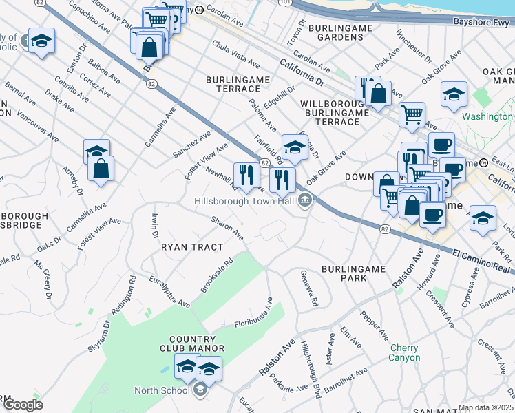 map of restaurants, bars, coffee shops, grocery stores, and more near 712 Newhall Road in Burlingame
