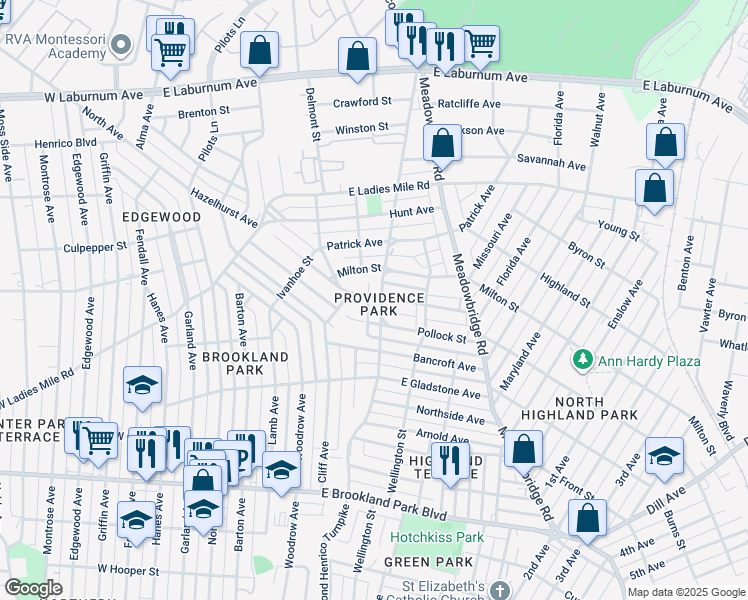 map of restaurants, bars, coffee shops, grocery stores, and more near 3318 Richmond Henrico Turnpike in Richmond