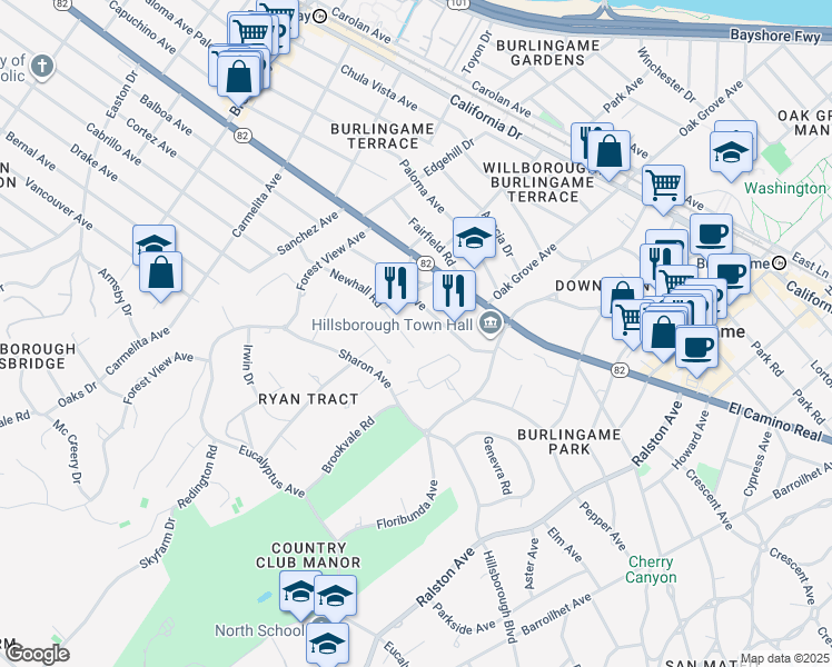 map of restaurants, bars, coffee shops, grocery stores, and more near 712 Newhall Road in Burlingame