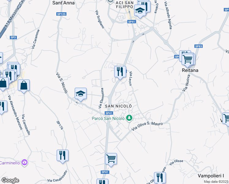 map of restaurants, bars, coffee shops, grocery stores, and more near 165 Via Nizzeti in Aci Catena
