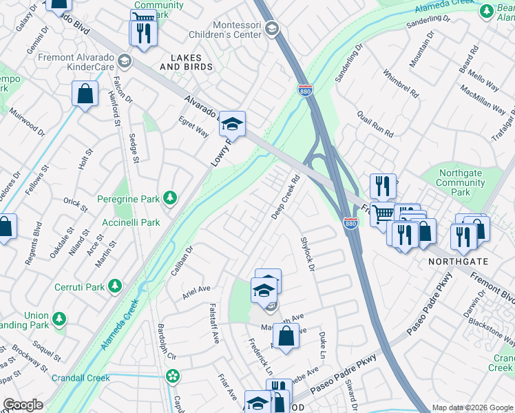 map of restaurants, bars, coffee shops, grocery stores, and more near 4141 Deep Creek Road in Fremont