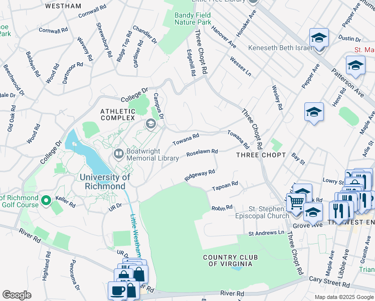map of restaurants, bars, coffee shops, grocery stores, and more near 6426 Roselawn Road in Richmond