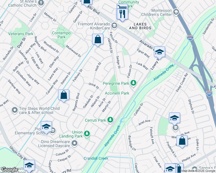 map of restaurants, bars, coffee shops, grocery stores, and more near 4484 Niland Street in Union City