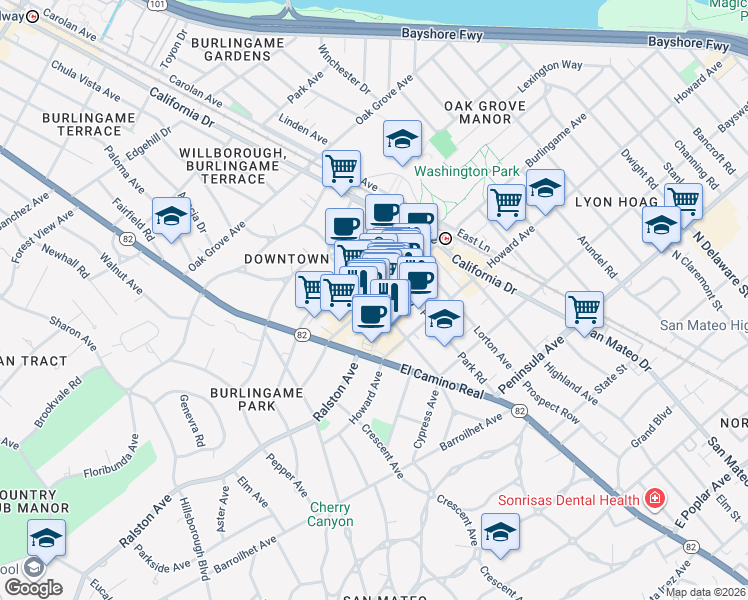 map of restaurants, bars, coffee shops, grocery stores, and more near in Burlingame