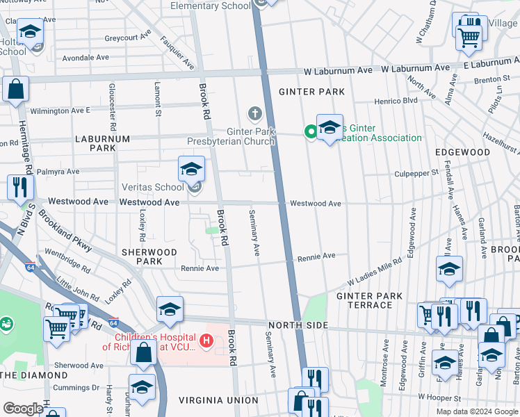 map of restaurants, bars, coffee shops, grocery stores, and more near 3219 Seminary Avenue in Richmond