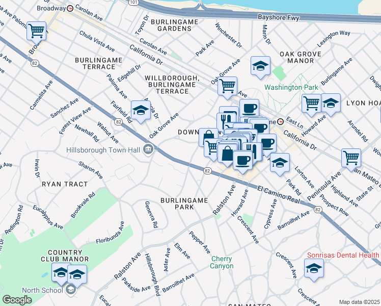 map of restaurants, bars, coffee shops, grocery stores, and more near 1460 Bellevue Avenue in Burlingame