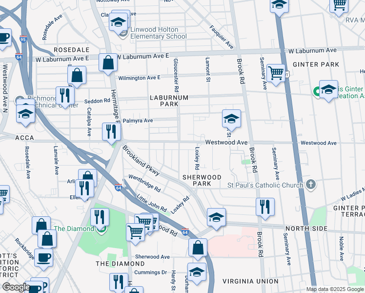 map of restaurants, bars, coffee shops, grocery stores, and more near 1411 Westwood Avenue in Richmond