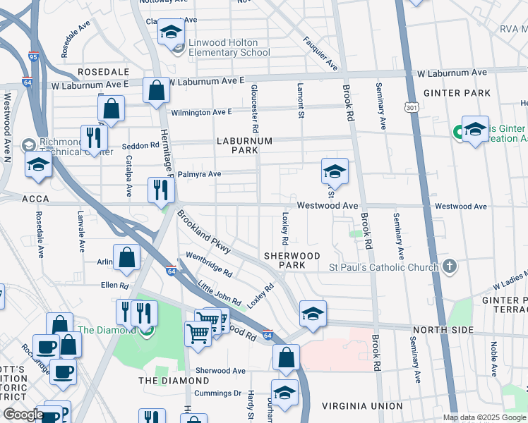 map of restaurants, bars, coffee shops, grocery stores, and more near 1411 Westwood Avenue in Richmond