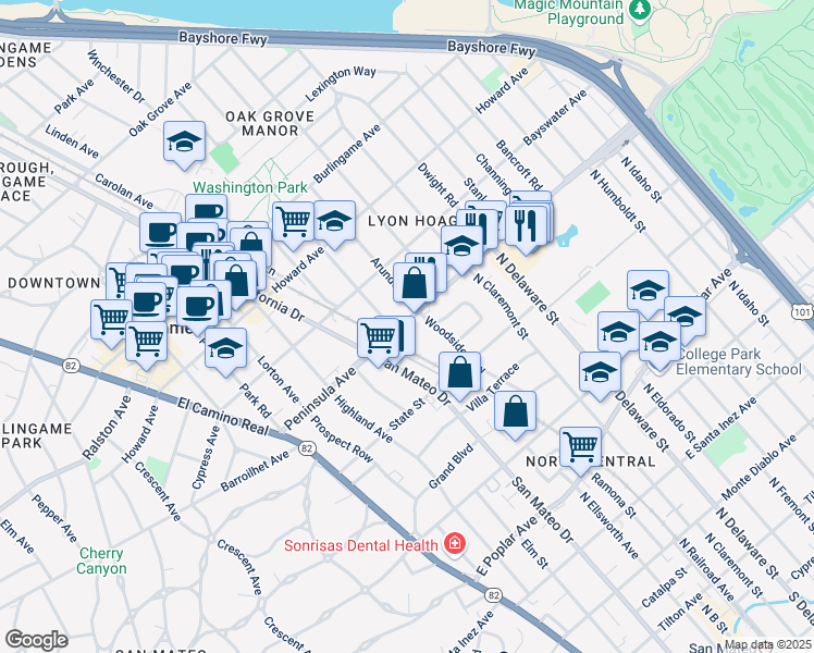 map of restaurants, bars, coffee shops, grocery stores, and more near 2 Anita Road in Burlingame