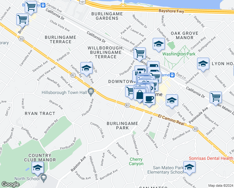 map of restaurants, bars, coffee shops, grocery stores, and more near 1457 Bellevue Avenue in Burlingame