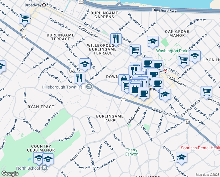 map of restaurants, bars, coffee shops, grocery stores, and more near 524 El Camino Real in Burlingame