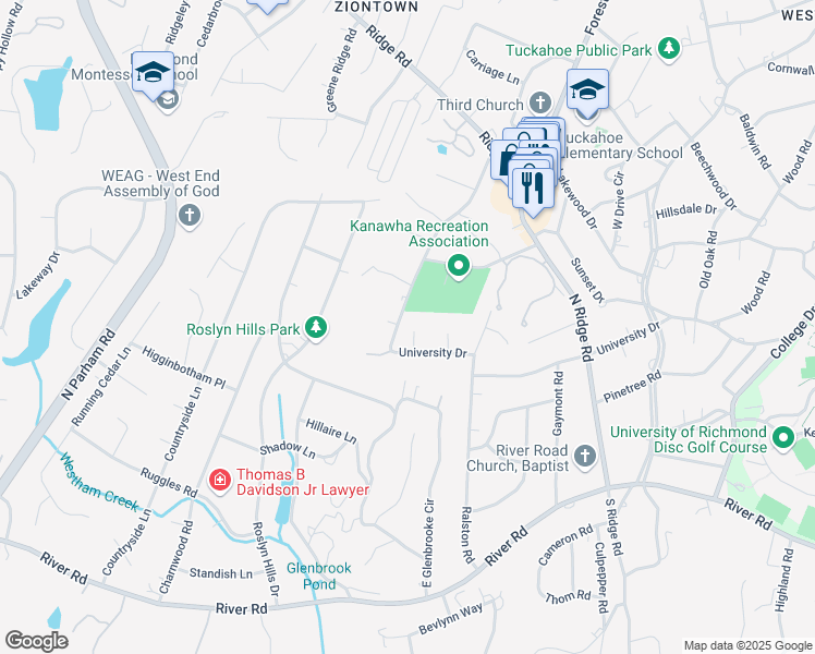 map of restaurants, bars, coffee shops, grocery stores, and more near 8324 University Court in Richmond