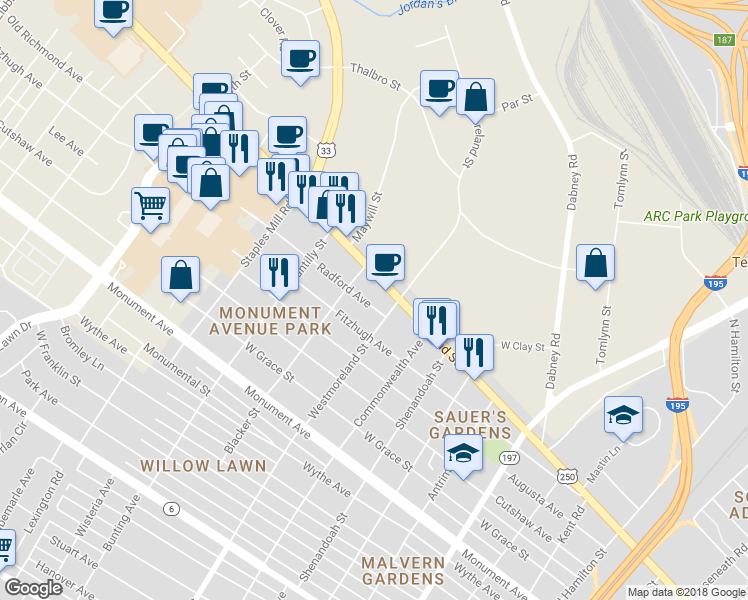 map of restaurants, bars, coffee shops, grocery stores, and more near 4608 Radford Avenue in Richmond