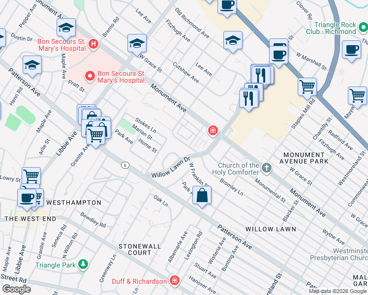 map of restaurants, bars, coffee shops, grocery stores, and more near 5205 Wythe Avenue in Richmond