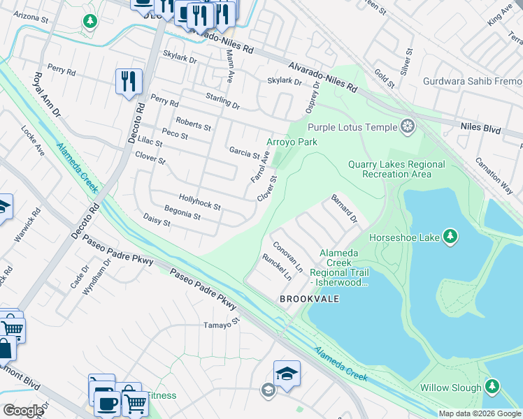 map of restaurants, bars, coffee shops, grocery stores, and more near 2505 Begonia Street in Union City