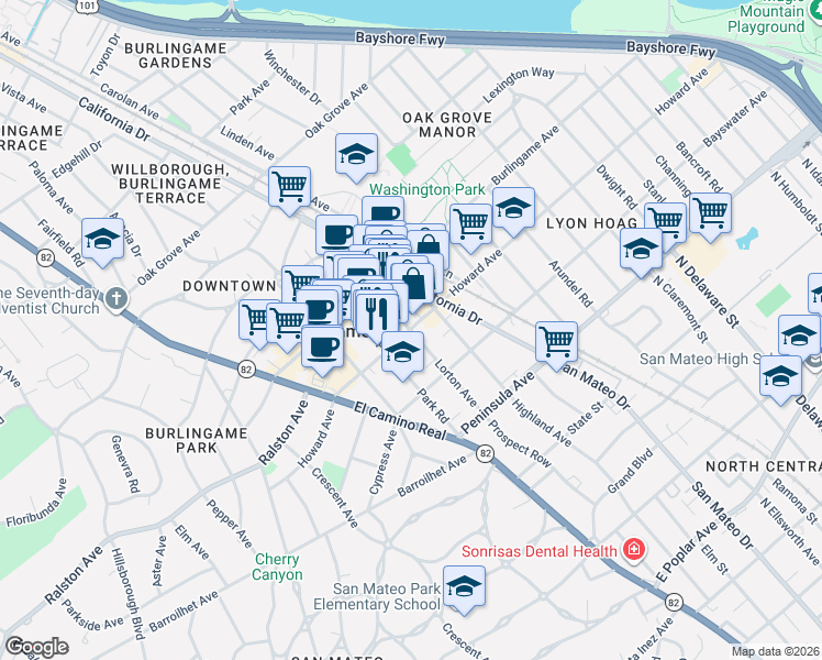map of restaurants, bars, coffee shops, grocery stores, and more near Lorton Avenue in Burlingame