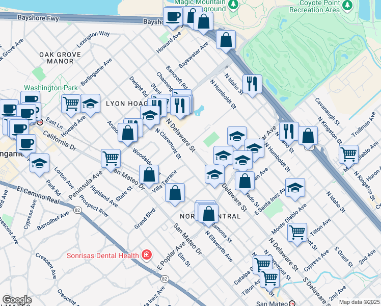 map of restaurants, bars, coffee shops, grocery stores, and more near 647 North Delaware Street in San Mateo