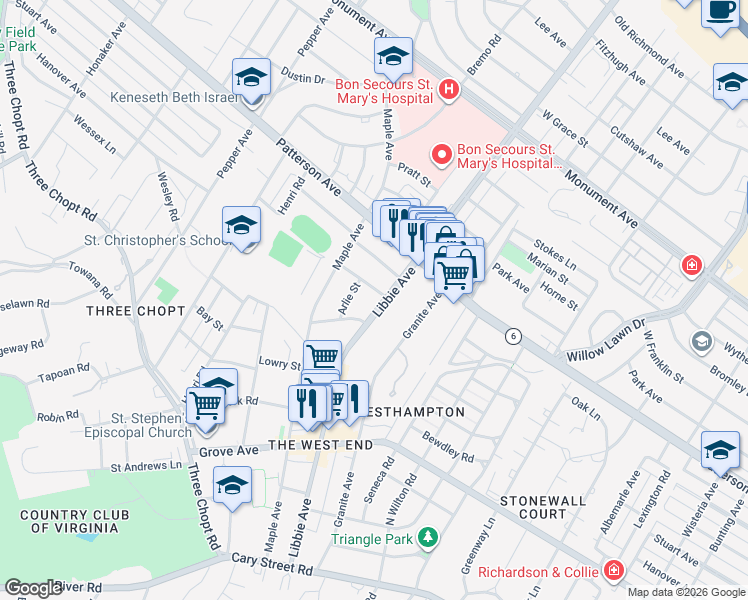 map of restaurants, bars, coffee shops, grocery stores, and more near 613 Libbie Avenue in Richmond