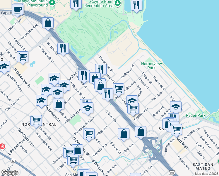 map of restaurants, bars, coffee shops, grocery stores, and more near 240 North Bayshore Boulevard in San Mateo