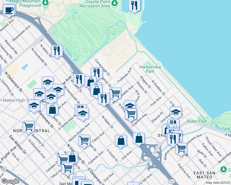 map of restaurants, bars, coffee shops, grocery stores, and more near North Kingston Street in San Mateo
