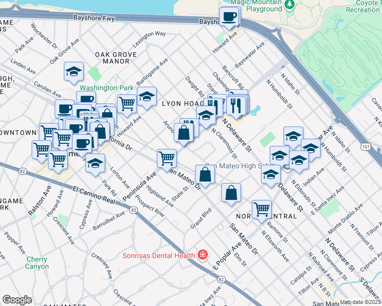 map of restaurants, bars, coffee shops, grocery stores, and more near 861 Woodside Way in San Mateo