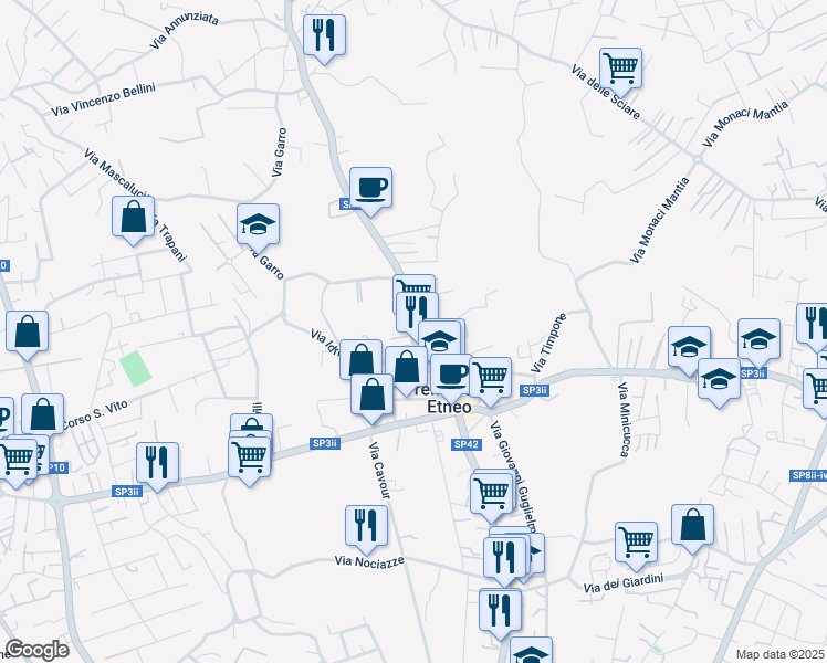 map of restaurants, bars, coffee shops, grocery stores, and more near 358 Via Etnea in Tremestieri Etneo