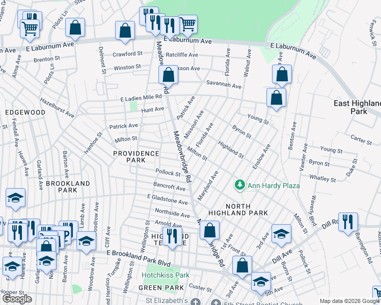 map of restaurants, bars, coffee shops, grocery stores, and more near 3314 Florida Avenue in Richmond