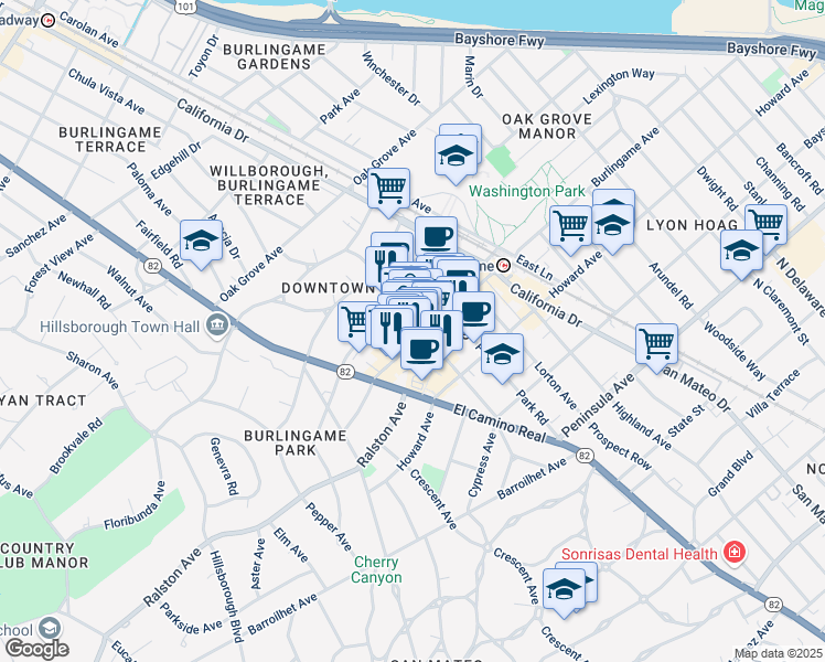 map of restaurants, bars, coffee shops, grocery stores, and more near 329 Primrose Road in Burlingame