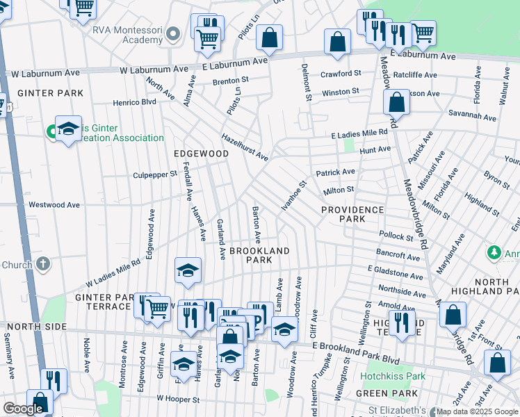 map of restaurants, bars, coffee shops, grocery stores, and more near 3319 Barton Avenue in Richmond