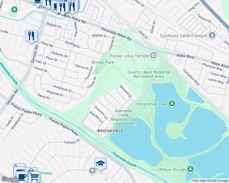 map of restaurants, bars, coffee shops, grocery stores, and more near 35622 Beeching Lane in Fremont