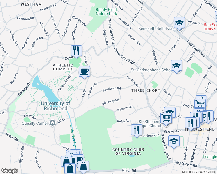 map of restaurants, bars, coffee shops, grocery stores, and more near 6422 Roselawn Road in Richmond
