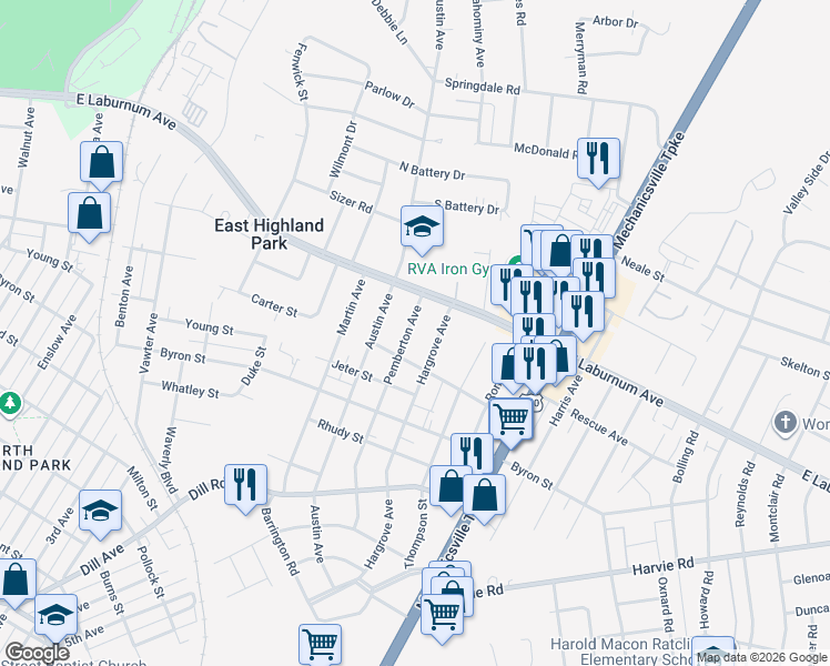 map of restaurants, bars, coffee shops, grocery stores, and more near 3709 Pemberton Avenue in Richmond