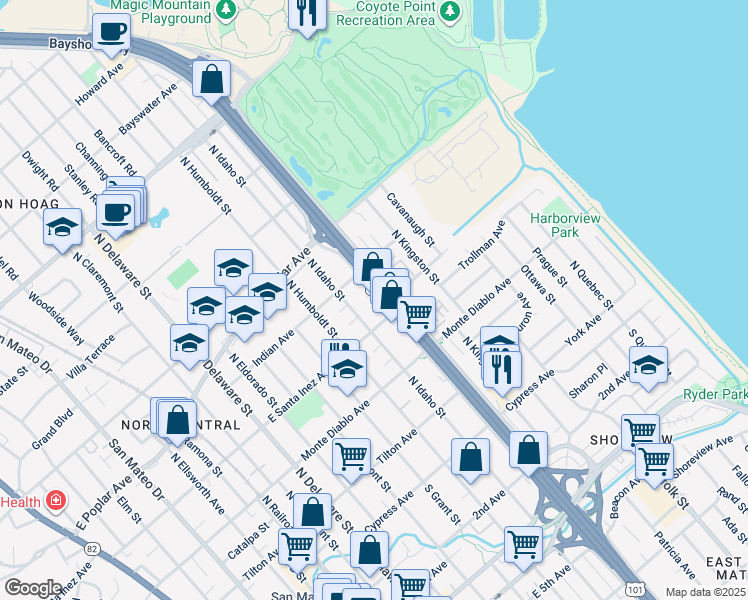 map of restaurants, bars, coffee shops, grocery stores, and more near 333 North Amphlett Boulevard in San Mateo