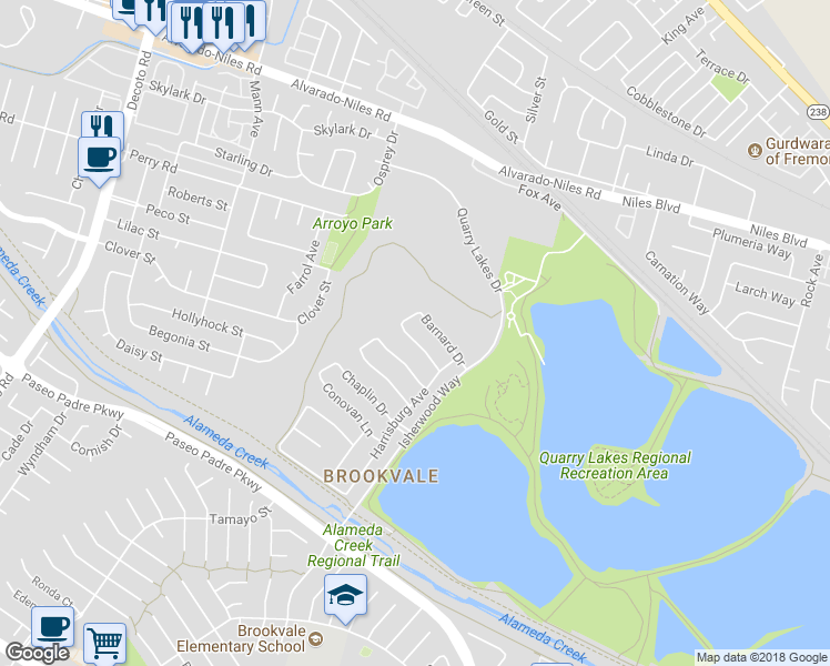 map of restaurants, bars, coffee shops, grocery stores, and more near 35622 Beeching Lane in Fremont