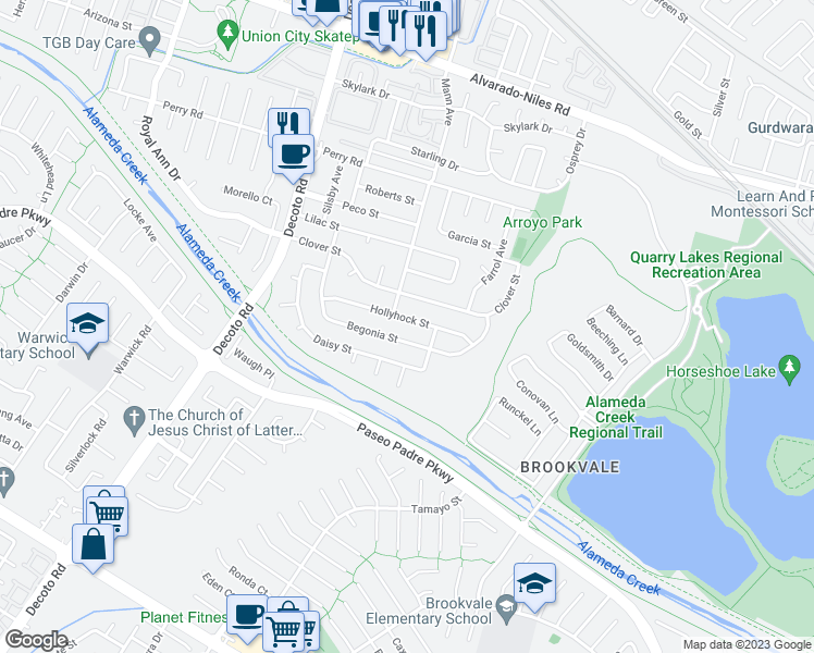map of restaurants, bars, coffee shops, grocery stores, and more near 35009 Hollyhock Street in Union City