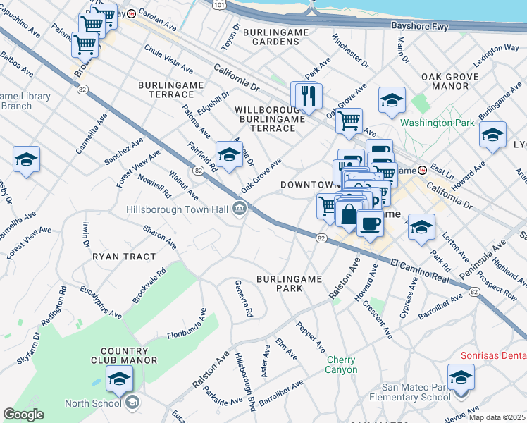 map of restaurants, bars, coffee shops, grocery stores, and more near 556 California 82 in Burlingame