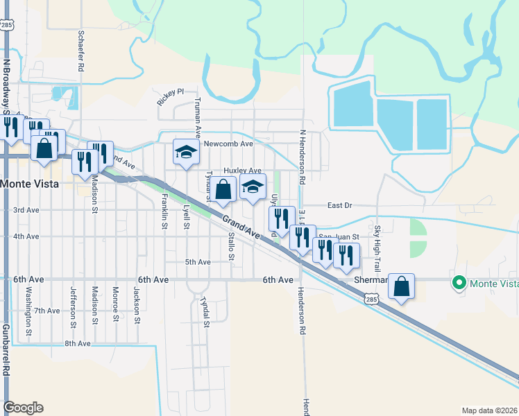 map of restaurants, bars, coffee shops, grocery stores, and more near 320 Faraday Street in Monte Vista