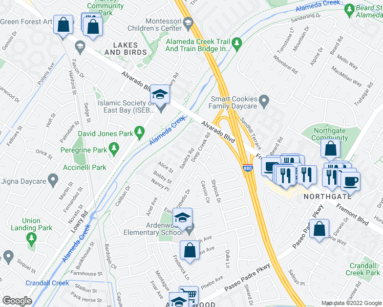 map of restaurants, bars, coffee shops, grocery stores, and more near 4141 Sandra Road in Fremont