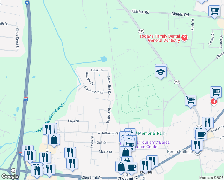 map of restaurants, bars, coffee shops, grocery stores, and more near 213 Marcellus Drive in Berea