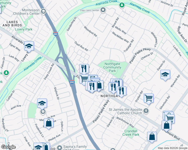 map of restaurants, bars, coffee shops, grocery stores, and more near 3863 Milton Terrace in Fremont