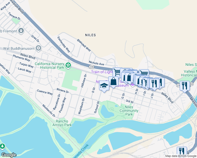 map of restaurants, bars, coffee shops, grocery stores, and more near 134 D Street in Fremont